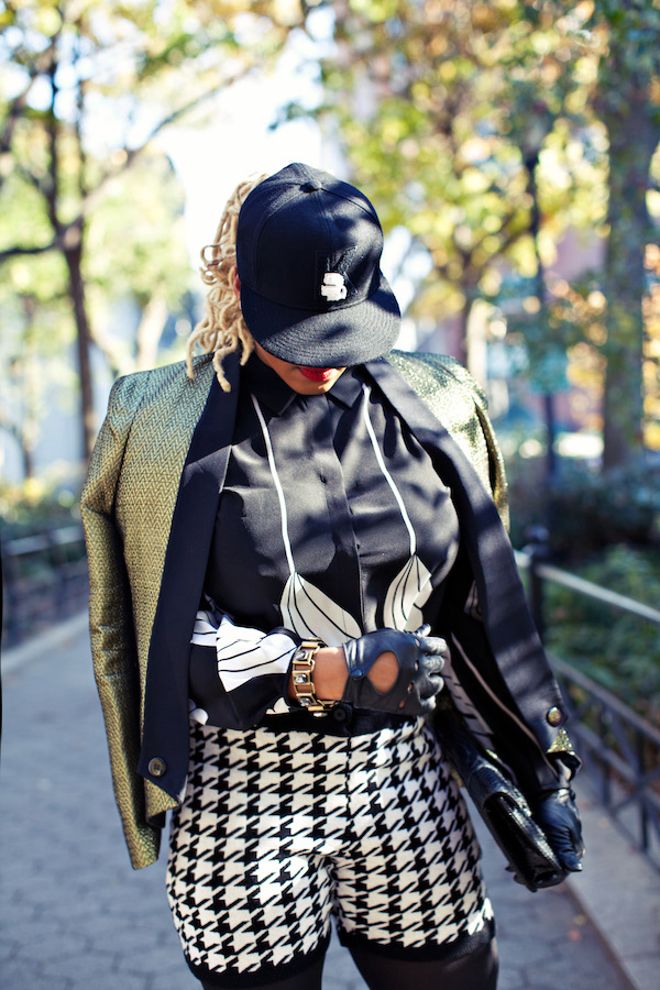 Claire Sulmers diane von furstenberg shirt phillip lim knit houndstooth shorts rebecca minkoff jakcet loubout pumps karl lagerfeld snapback fitted hat the bomb life fashion bomb daily 6