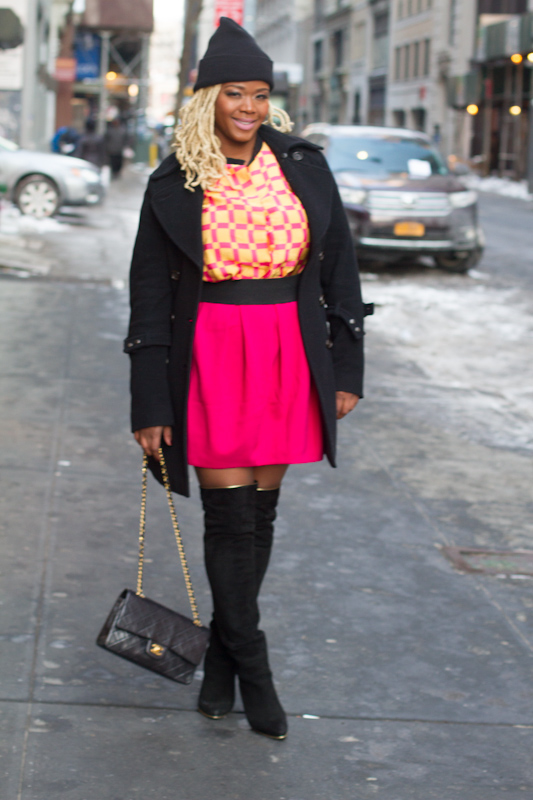 A Marni Top and Alexander McQueen Skirt from The Outnet, Balmain Thigh High Boots, and An American Apparel Hat