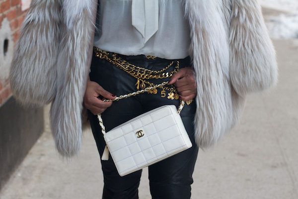 Duckie Confetti Fur Zara Top All Saints Leather Pants Chanel belts earrings a second chance resale oo