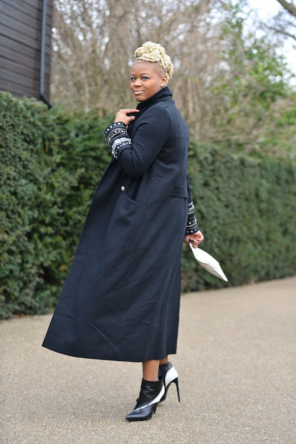 claire sulmers A Paper London Top, By Johnny Skirt, Saint Laurent Boots, and River Island Coat
