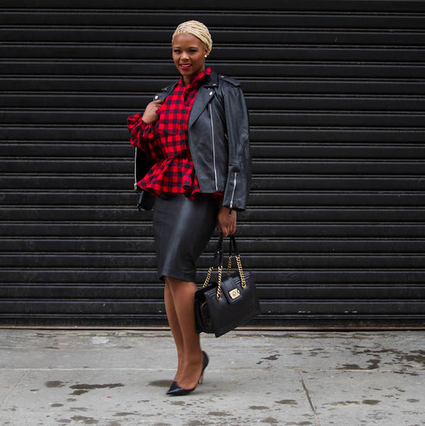 claire sulmers fashion bomb daily A Demestiks by Reuel Reuel Naomi Red and Black Checked Shirt, Zara Leather Skirt, and Chanel Boy Tote 009
