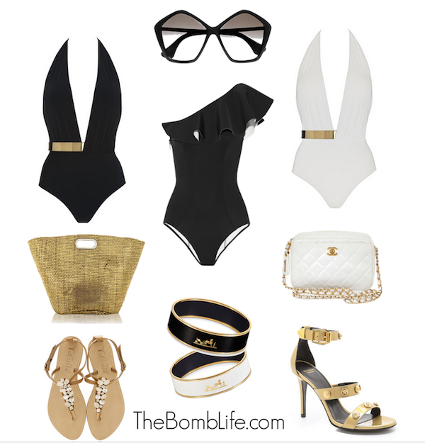 claire sulmers lust list lisa marie hernandez ruffle bathing suit versace heels hermes bracelets