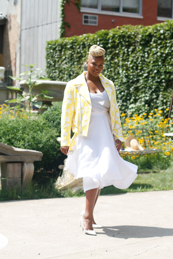 4  claire sulmers msgm yellow and white jacket robert rodriguez skirt saint laurent pumps