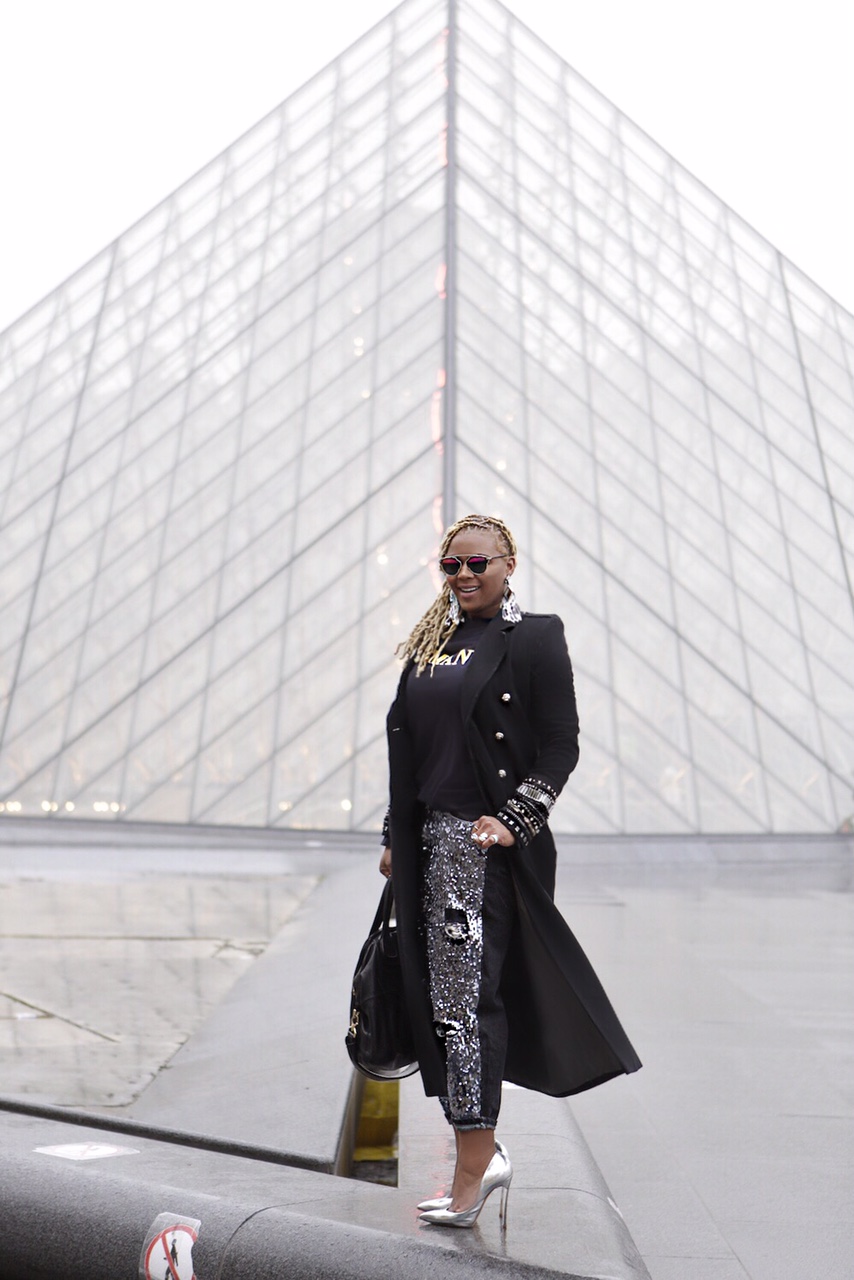 claire sulmers louvre A River Island Coat, Acne Studios Romantic Sweatshirt, Topshop Sequined Jeans, and Casadei Silver Pumps 123 bomb life guillaume landry