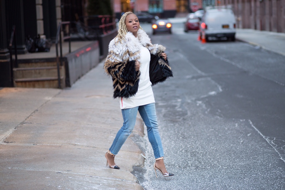 claire sulmers fashion bomb daily The Importance of Picking up the Phone +  A Celine Dress, Zara Jeans, and a Theory Fur