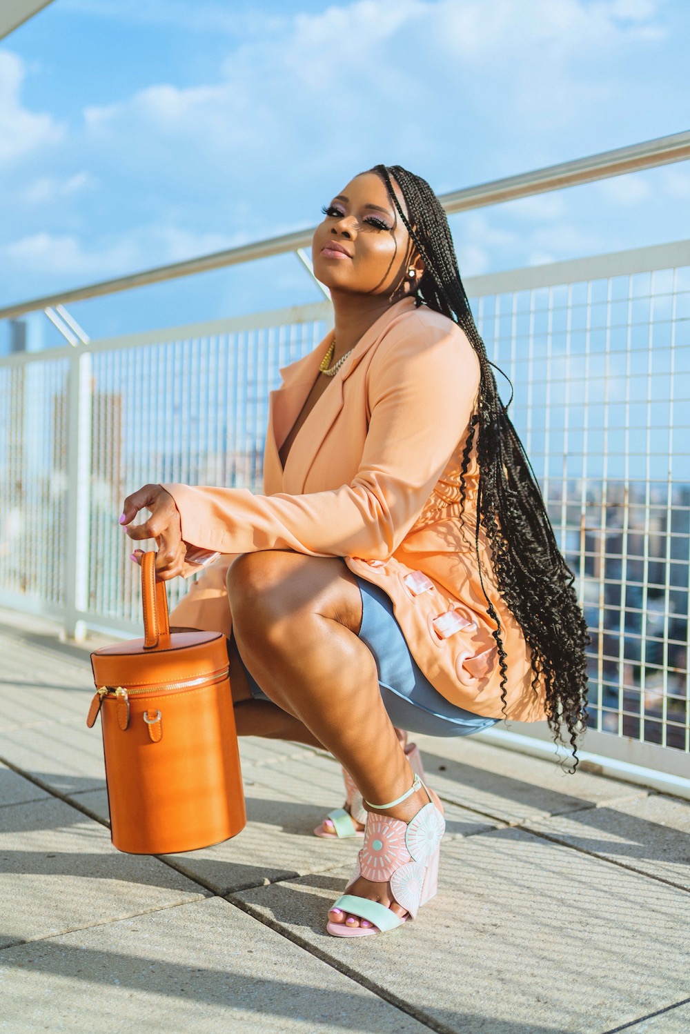 Gentagen Broom Mejeriprodukter Bomb Product of the Day: Silver & Riley Mandarin Orange Cylindrical Bag,  Paired with a BBX Brand Peach Blazer, Muehleder Cycle Shorts, and Kat  Maconie Heels